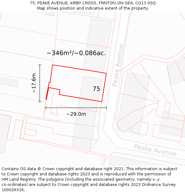 75, PEAKE AVENUE, KIRBY CROSS, FRINTON-ON-SEA, CO13 0SQ: Plot and title map