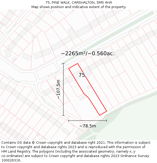 75, PINE WALK, CARSHALTON, SM5 4HA: Plot and title map