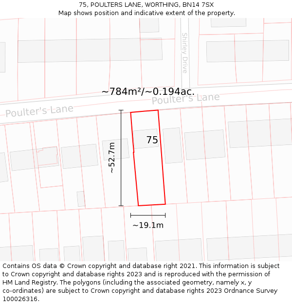75, POULTERS LANE, WORTHING, BN14 7SX: Plot and title map