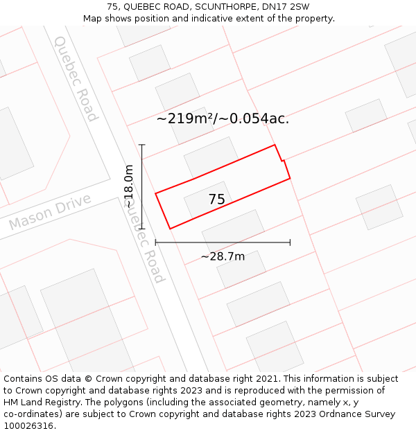 75, QUEBEC ROAD, SCUNTHORPE, DN17 2SW: Plot and title map