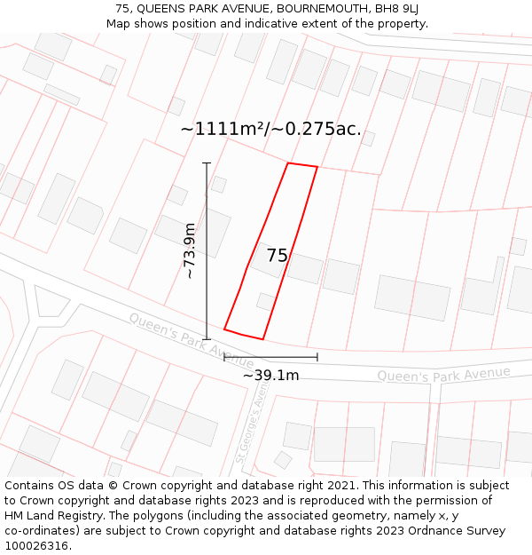 75, QUEENS PARK AVENUE, BOURNEMOUTH, BH8 9LJ: Plot and title map