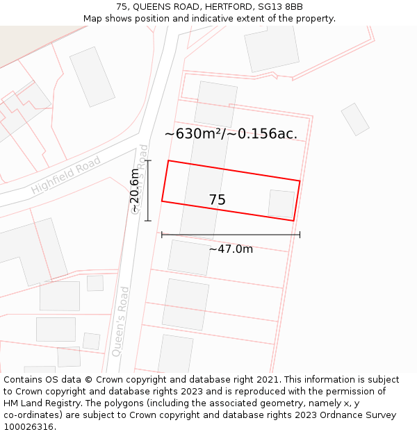 75, QUEENS ROAD, HERTFORD, SG13 8BB: Plot and title map