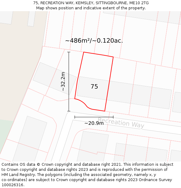75, RECREATION WAY, KEMSLEY, SITTINGBOURNE, ME10 2TG: Plot and title map