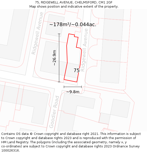 75, RIDGEWELL AVENUE, CHELMSFORD, CM1 2GF: Plot and title map