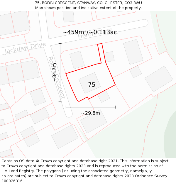 75, ROBIN CRESCENT, STANWAY, COLCHESTER, CO3 8WU: Plot and title map