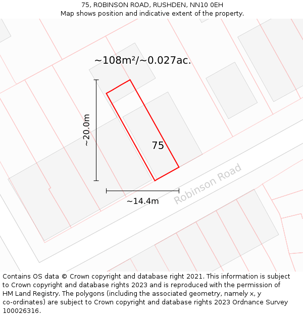 75, ROBINSON ROAD, RUSHDEN, NN10 0EH: Plot and title map