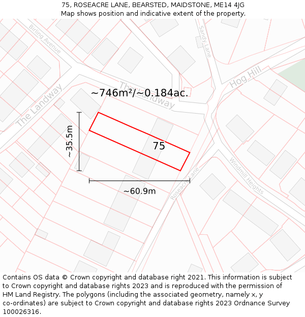75, ROSEACRE LANE, BEARSTED, MAIDSTONE, ME14 4JG: Plot and title map