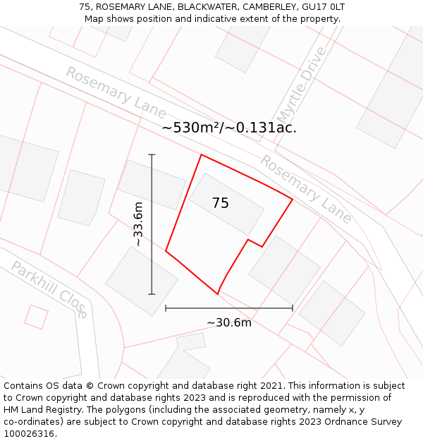 75, ROSEMARY LANE, BLACKWATER, CAMBERLEY, GU17 0LT: Plot and title map