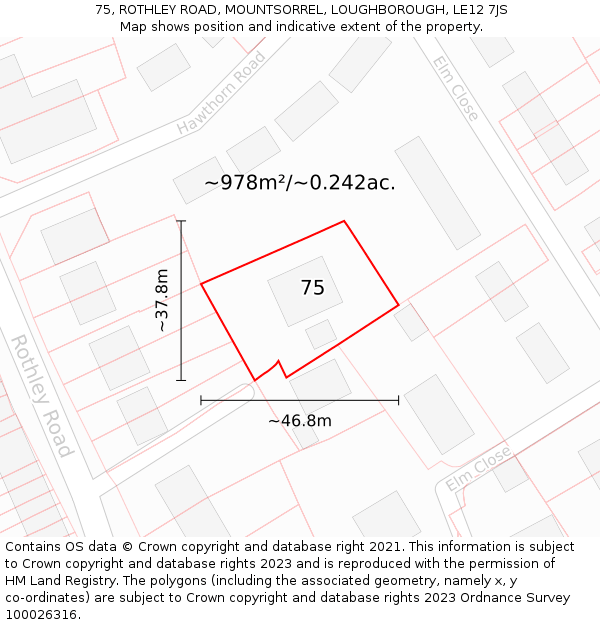 75, ROTHLEY ROAD, MOUNTSORREL, LOUGHBOROUGH, LE12 7JS: Plot and title map