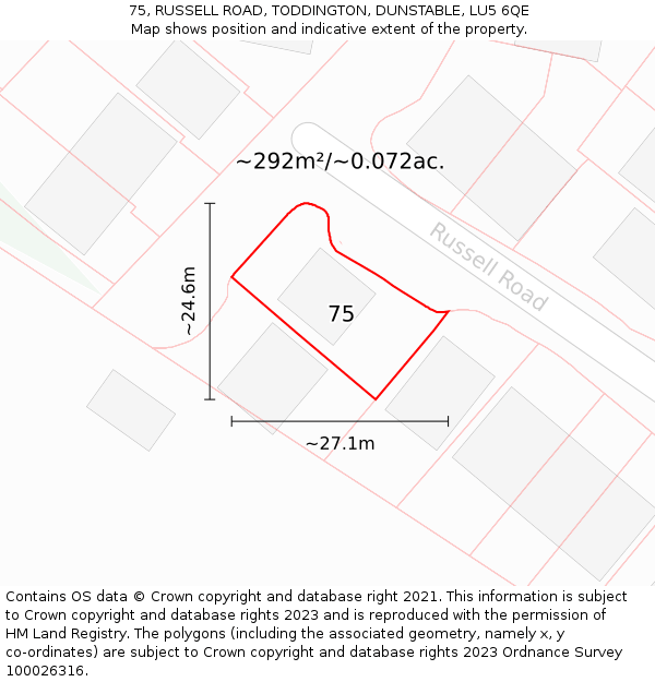 75, RUSSELL ROAD, TODDINGTON, DUNSTABLE, LU5 6QE: Plot and title map