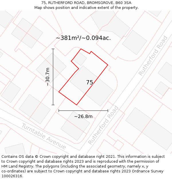 75, RUTHERFORD ROAD, BROMSGROVE, B60 3SA: Plot and title map
