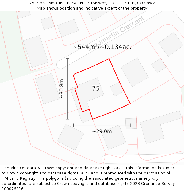 75, SANDMARTIN CRESCENT, STANWAY, COLCHESTER, CO3 8WZ: Plot and title map