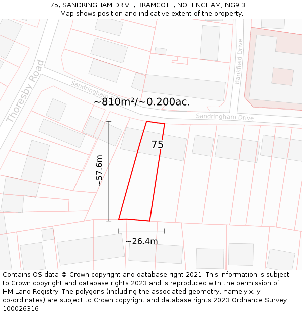 75, SANDRINGHAM DRIVE, BRAMCOTE, NOTTINGHAM, NG9 3EL: Plot and title map