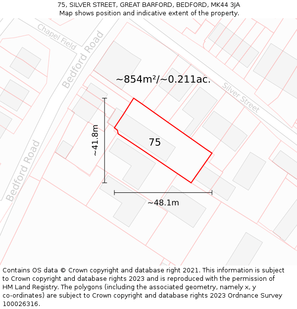 75, SILVER STREET, GREAT BARFORD, BEDFORD, MK44 3JA: Plot and title map