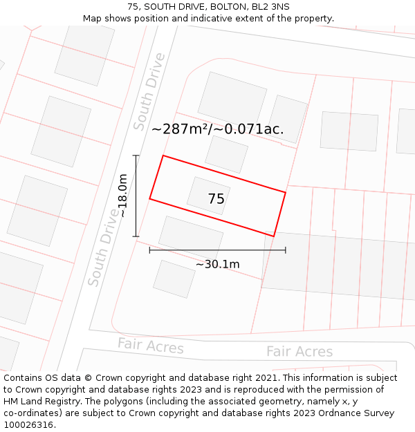 75, SOUTH DRIVE, BOLTON, BL2 3NS: Plot and title map
