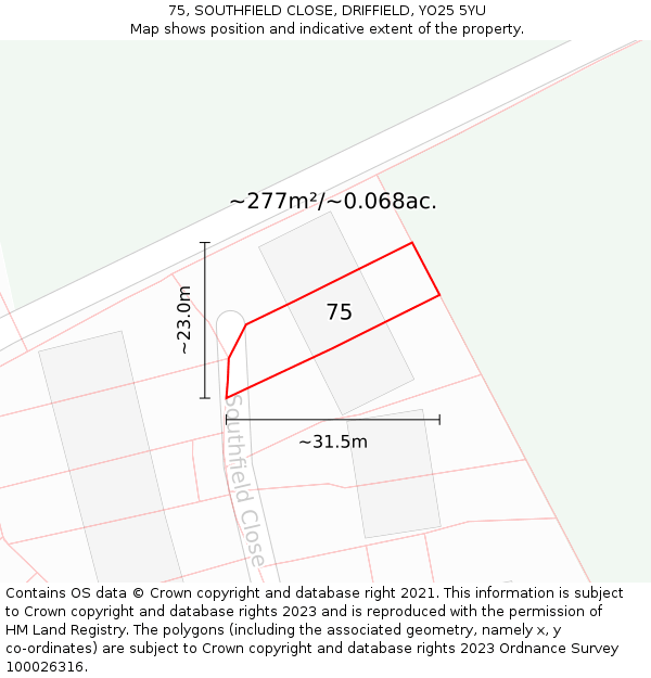 75, SOUTHFIELD CLOSE, DRIFFIELD, YO25 5YU: Plot and title map