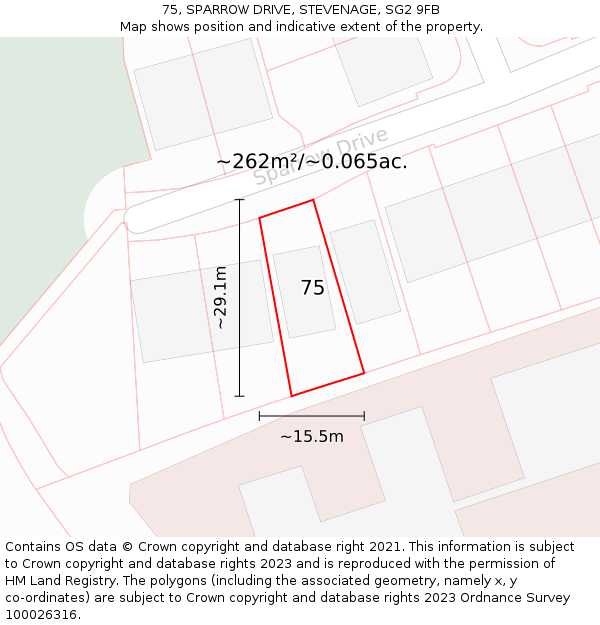 75, SPARROW DRIVE, STEVENAGE, SG2 9FB: Plot and title map