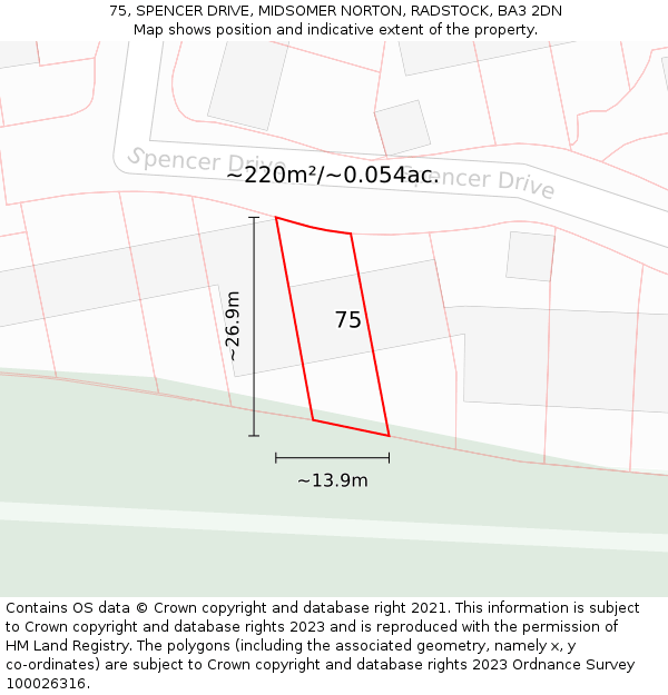 75, SPENCER DRIVE, MIDSOMER NORTON, RADSTOCK, BA3 2DN: Plot and title map