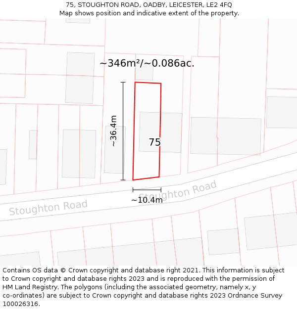 75, STOUGHTON ROAD, OADBY, LEICESTER, LE2 4FQ: Plot and title map