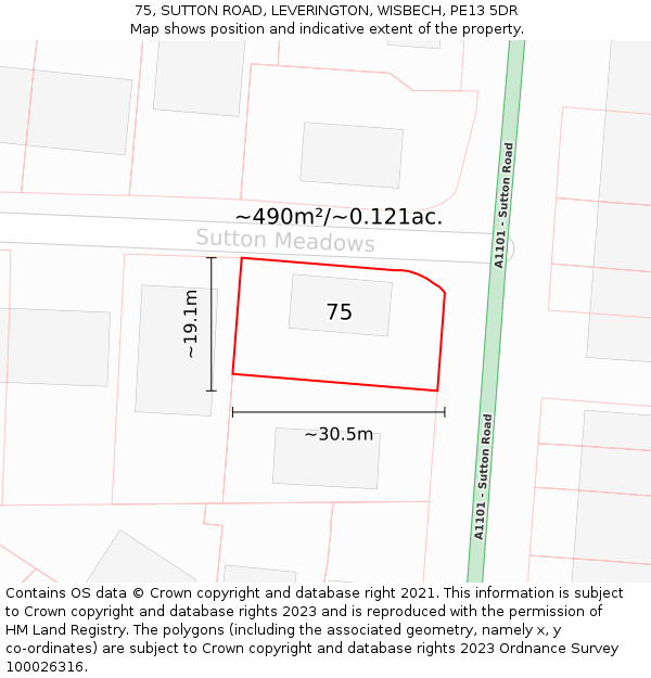 75, SUTTON ROAD, LEVERINGTON, WISBECH, PE13 5DR: Plot and title map