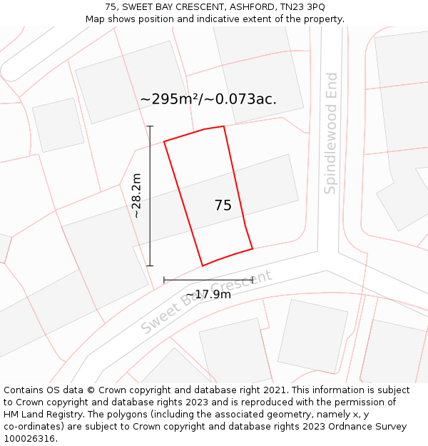 75, SWEET BAY CRESCENT, ASHFORD, TN23 3PQ: Plot and title map