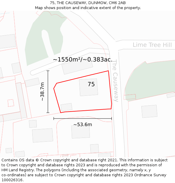 75, THE CAUSEWAY, DUNMOW, CM6 2AB: Plot and title map