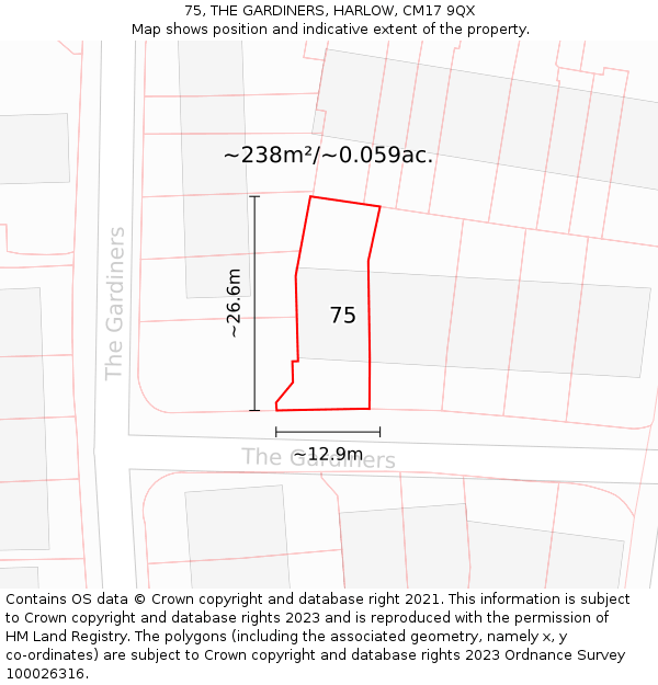75, THE GARDINERS, HARLOW, CM17 9QX: Plot and title map