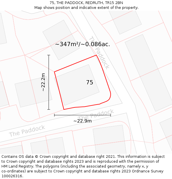 75, THE PADDOCK, REDRUTH, TR15 2BN: Plot and title map