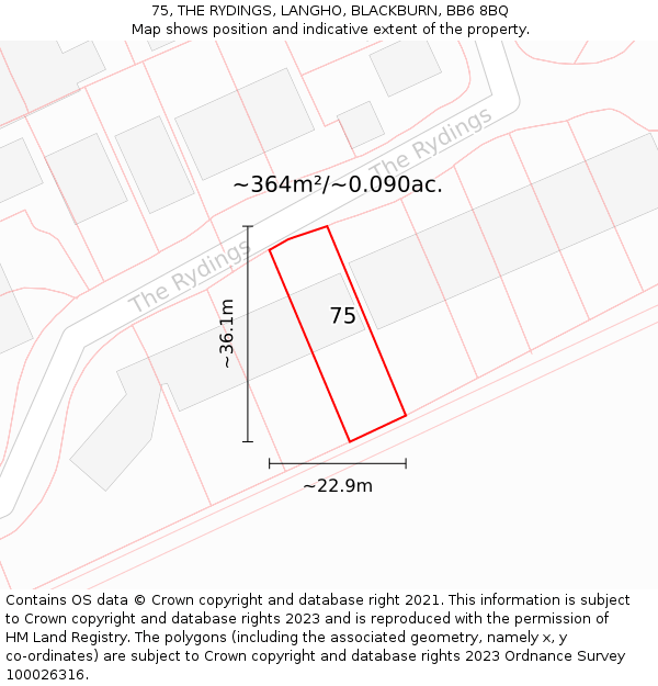 75, THE RYDINGS, LANGHO, BLACKBURN, BB6 8BQ: Plot and title map
