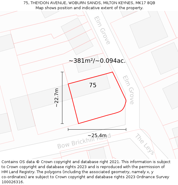 75, THEYDON AVENUE, WOBURN SANDS, MILTON KEYNES, MK17 8QB: Plot and title map