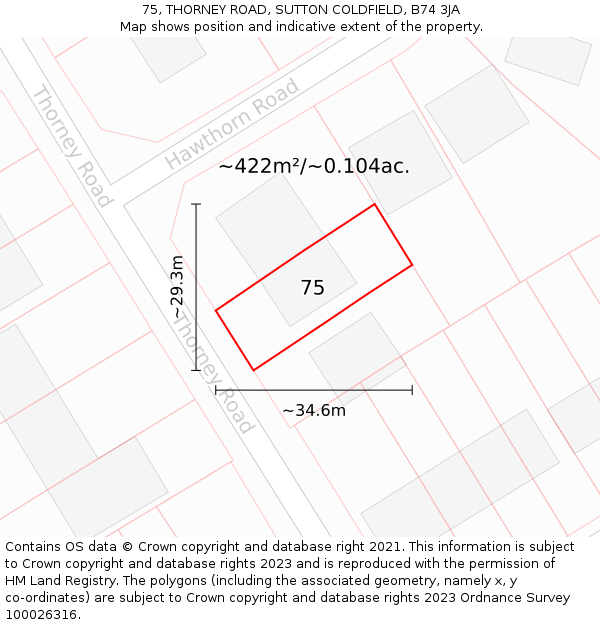75, THORNEY ROAD, SUTTON COLDFIELD, B74 3JA: Plot and title map