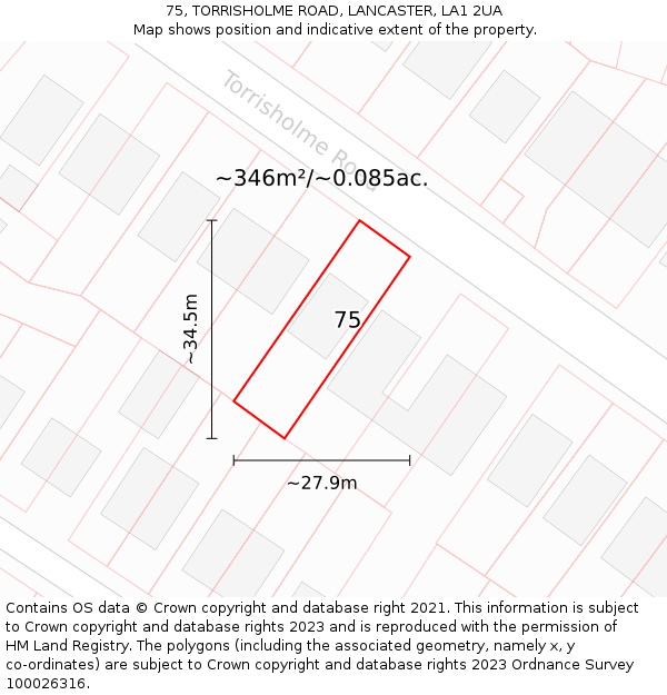 75, TORRISHOLME ROAD, LANCASTER, LA1 2UA: Plot and title map