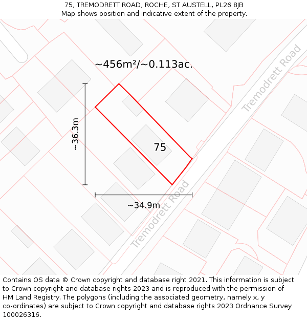 75, TREMODRETT ROAD, ROCHE, ST AUSTELL, PL26 8JB: Plot and title map