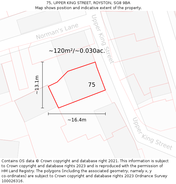 75, UPPER KING STREET, ROYSTON, SG8 9BA: Plot and title map