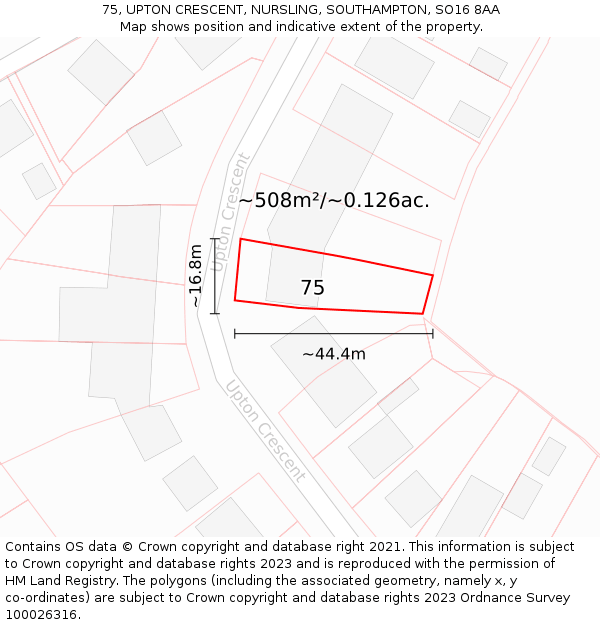 75, UPTON CRESCENT, NURSLING, SOUTHAMPTON, SO16 8AA: Plot and title map
