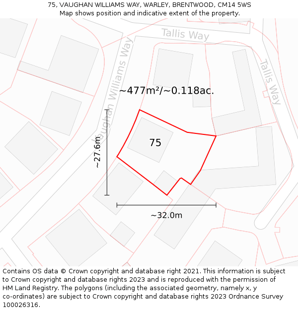 75, VAUGHAN WILLIAMS WAY, WARLEY, BRENTWOOD, CM14 5WS: Plot and title map