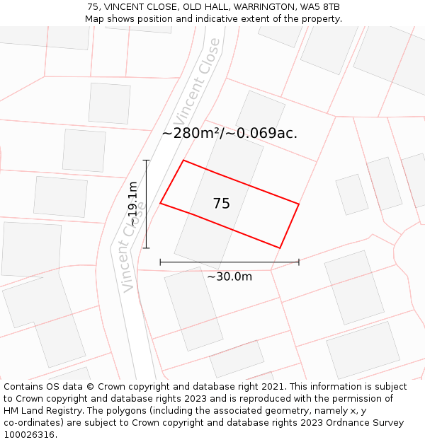 75, VINCENT CLOSE, OLD HALL, WARRINGTON, WA5 8TB: Plot and title map