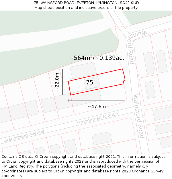 75, WAINSFORD ROAD, EVERTON, LYMINGTON, SO41 0UD: Plot and title map