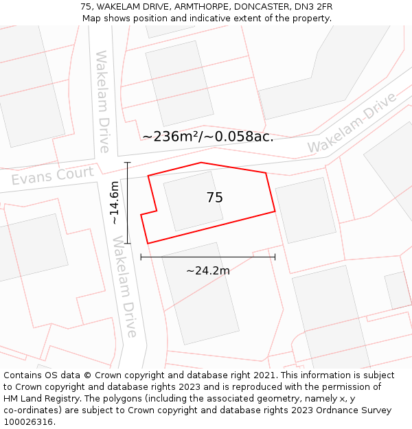 75, WAKELAM DRIVE, ARMTHORPE, DONCASTER, DN3 2FR: Plot and title map