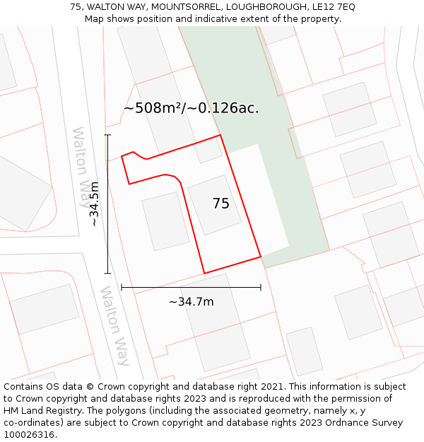 75, WALTON WAY, MOUNTSORREL, LOUGHBOROUGH, LE12 7EQ: Plot and title map