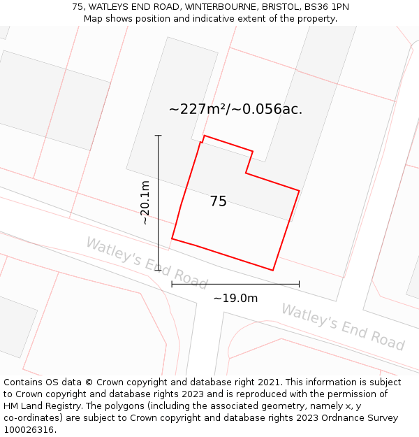 75, WATLEYS END ROAD, WINTERBOURNE, BRISTOL, BS36 1PN: Plot and title map