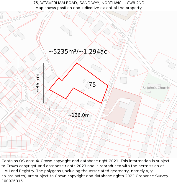 75, WEAVERHAM ROAD, SANDIWAY, NORTHWICH, CW8 2ND: Plot and title map