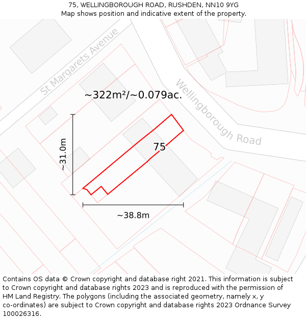 75, WELLINGBOROUGH ROAD, RUSHDEN, NN10 9YG: Plot and title map