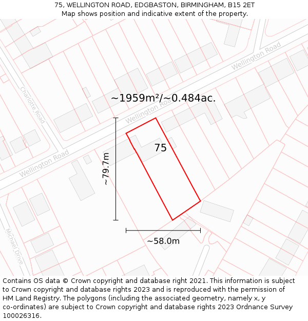 75, WELLINGTON ROAD, EDGBASTON, BIRMINGHAM, B15 2ET: Plot and title map