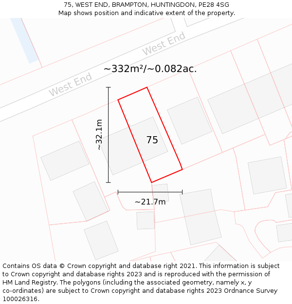 75, WEST END, BRAMPTON, HUNTINGDON, PE28 4SG: Plot and title map