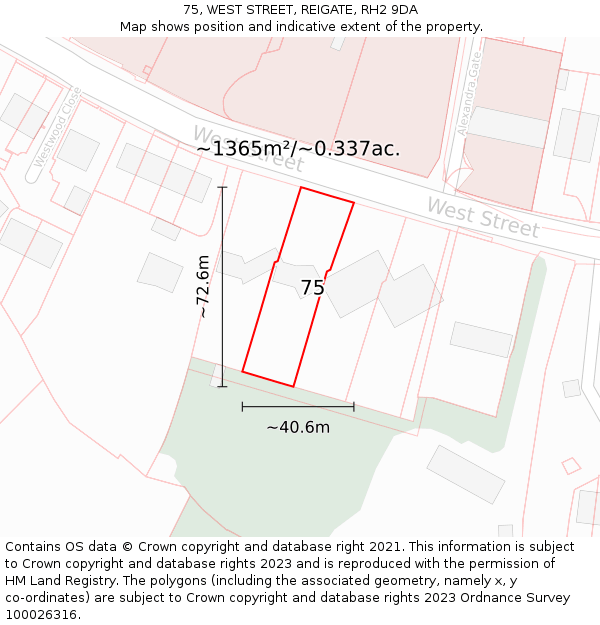 75, WEST STREET, REIGATE, RH2 9DA: Plot and title map