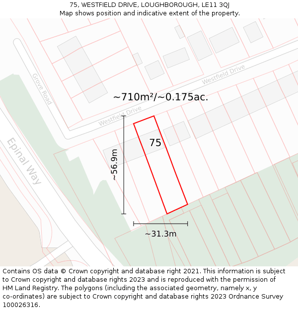 75, WESTFIELD DRIVE, LOUGHBOROUGH, LE11 3QJ: Plot and title map