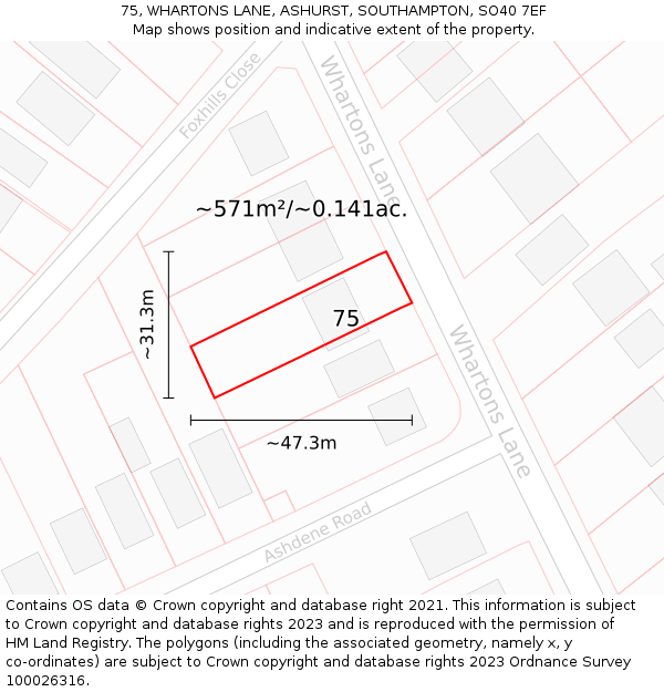 75, WHARTONS LANE, ASHURST, SOUTHAMPTON, SO40 7EF: Plot and title map