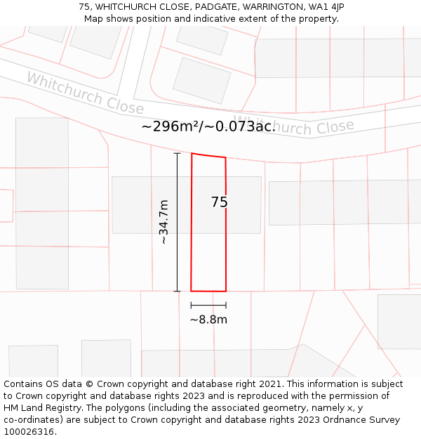 75, WHITCHURCH CLOSE, PADGATE, WARRINGTON, WA1 4JP: Plot and title map