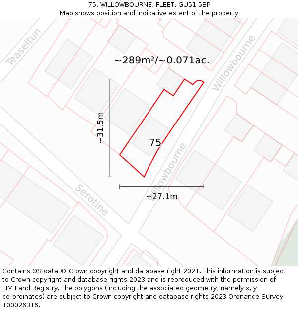 75, WILLOWBOURNE, FLEET, GU51 5BP: Plot and title map